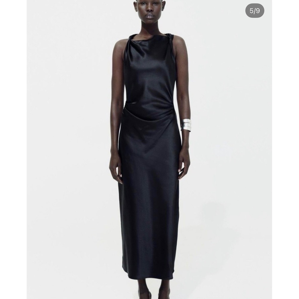 Zara Black Satin Cowl Neck Draped Midi Dress Size Large NWT cocktail homecoming